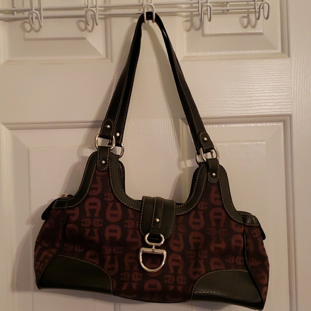 Brown and black satchel purse
